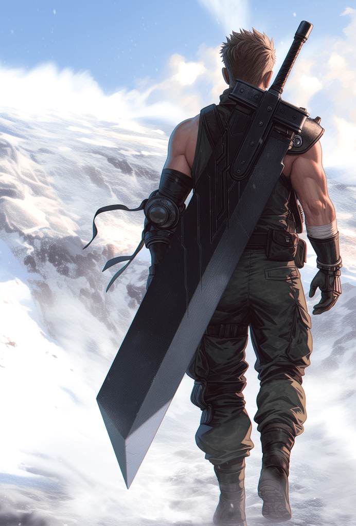 A man in green camouflage carrying a huge sword walks through a snowfield.